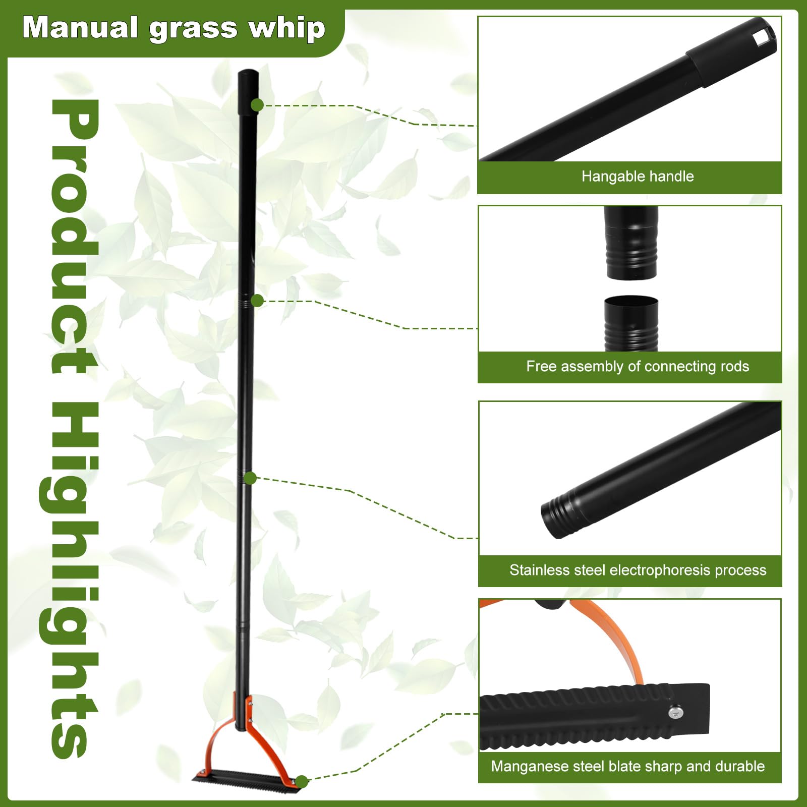 Graspeitsche mit zweischneidiger gezackter Stahlklinge, manueller Unkrautgrasschneider mit 76,2 cm Griff, Handheld-UnkrautWhacker, Graspeitsche, Handwerkzeug für überwachsenes Unkraut in