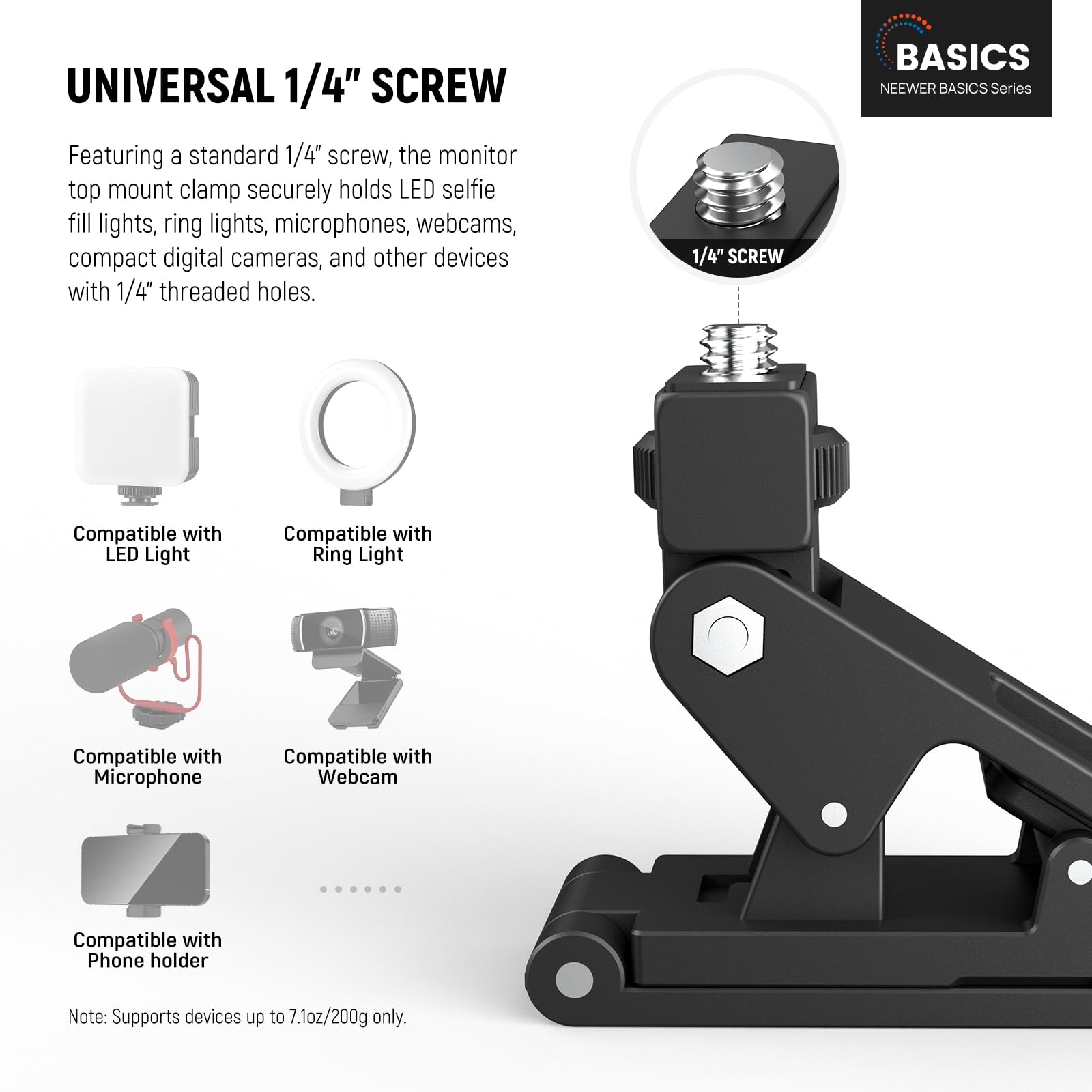 NEEWER Basics 2 pz Monitor Top Mount Mors,1/4" Vite per Webcam Selfie Cerchio Luce,0,71"/18mm Jaw 180° Tilt Mobile Clip Supporto per Registrazione Video Streaming Computer Portatile Conferenza,SP-19