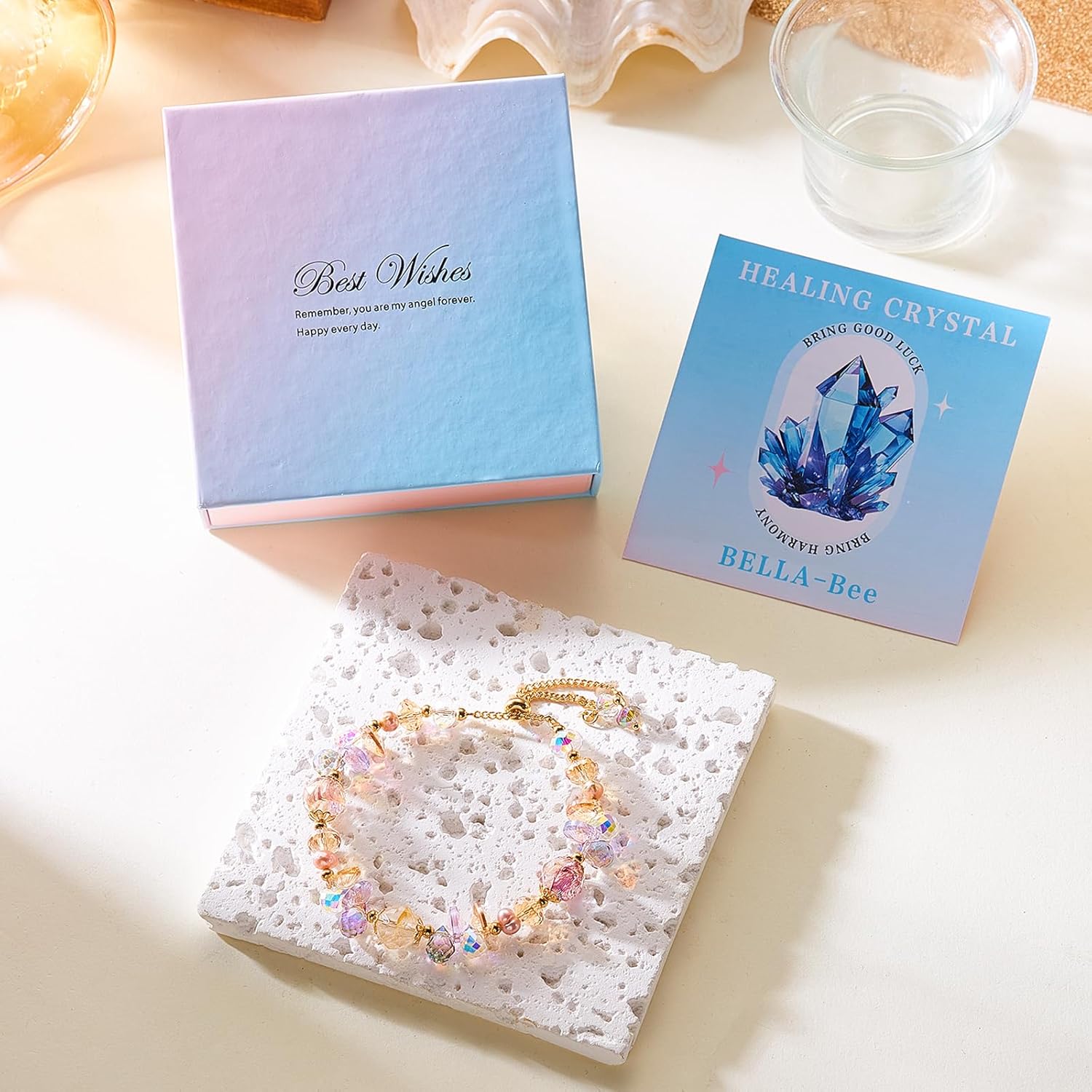 BELLA-Bee Healing Crystal Bracelets for Women Adjustable Rainbow Crystals Amethyst Tourmaline Natural Stone Beaded Bracelets for Women Spiritual Jewelry for Wishes, Protection and Anxiety Relief with Meaning Card - Image 7