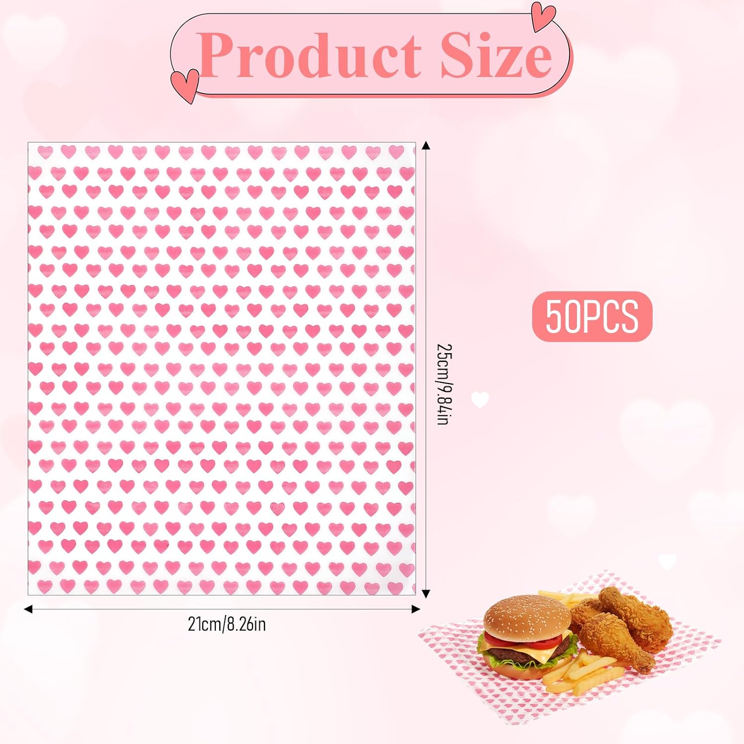 50 PCS Sandwich Wrapping Paper Sheets, Holiday Wax Paper Sheets for Food, Greaseproof Waterproof, Food Wax Papers Sheet for Bread Sandwich Burger,Heart Love Style,Pink