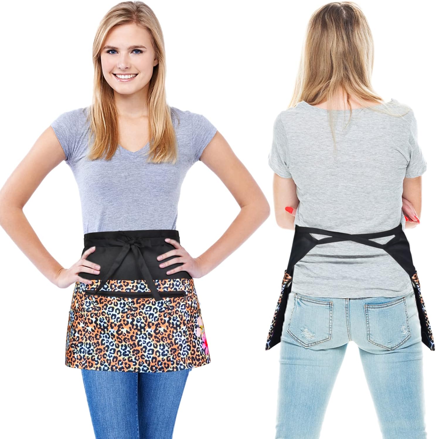 PASHOP Half Apron With Pockets for Women, Server Aprons for Waitress Cute Kitchen Resturant, 6 Pockets half Waist aprons Water Oil Stain Resistant