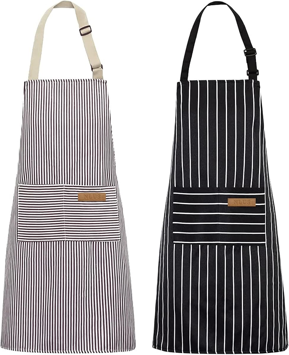 NLUS Paquete de 2 delantales de cocina, babero ajustable, delantal de chef suave con 2 bolsillos para hombres y mujeres (rayas negras/marrones)