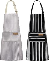 NLUS 2 Pack Adjustable Chef Aprons for Men Women - Soft Poly/Cotton Kitchen Aprons with 2 Pockets, Black/Brown Stripes