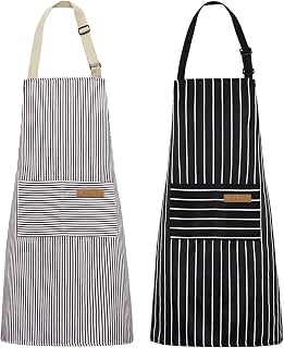 NLUS 2 Pack Adjustable Chef Aprons with 2 Pockets for Men Women - Soft Poly/Cotton Bib, Black/Brown Stripes