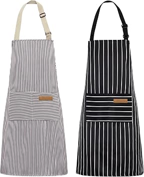 NLUS 2 Pack Kitchen Cooking Aprons, Adjustable Bib Soft Chef Apron with 2 Pockets for Men WomenBlack/Brown Stripes