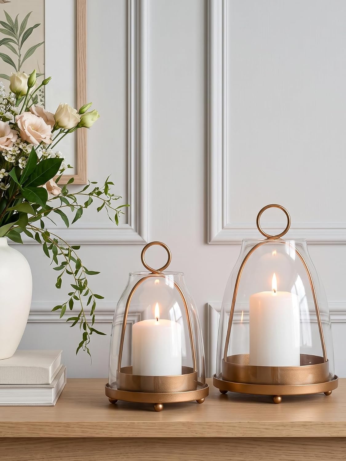 Metal Glass Hurricane Candle Holder, Windproof Bell Jar Cloche Glass Dome Candle Lantern, 2 Sizes Tabletop Pillar Candle Holders, Vintage Warm Home Decor Centerpiece (Brass)