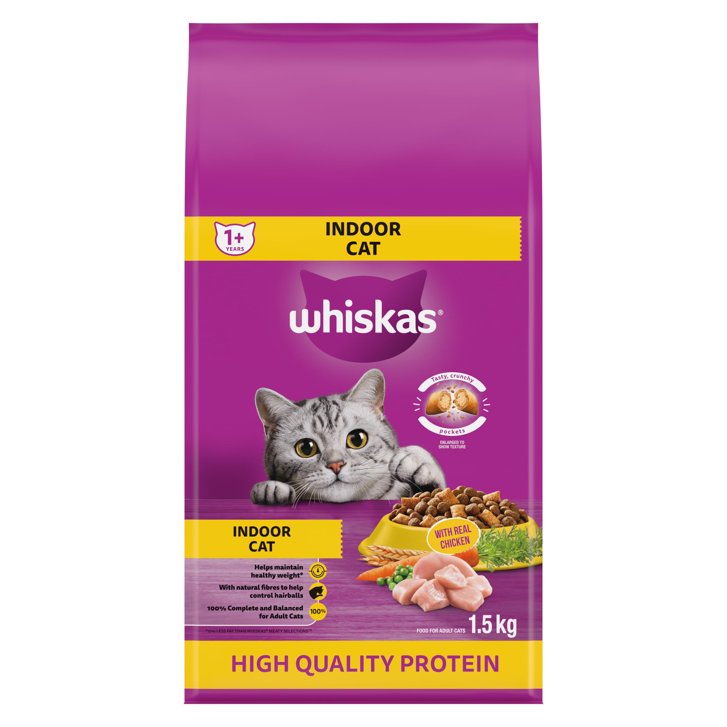 WHISKAS Indoor Adult Cat Dry Food with Real Chicken, 1.5kg bag