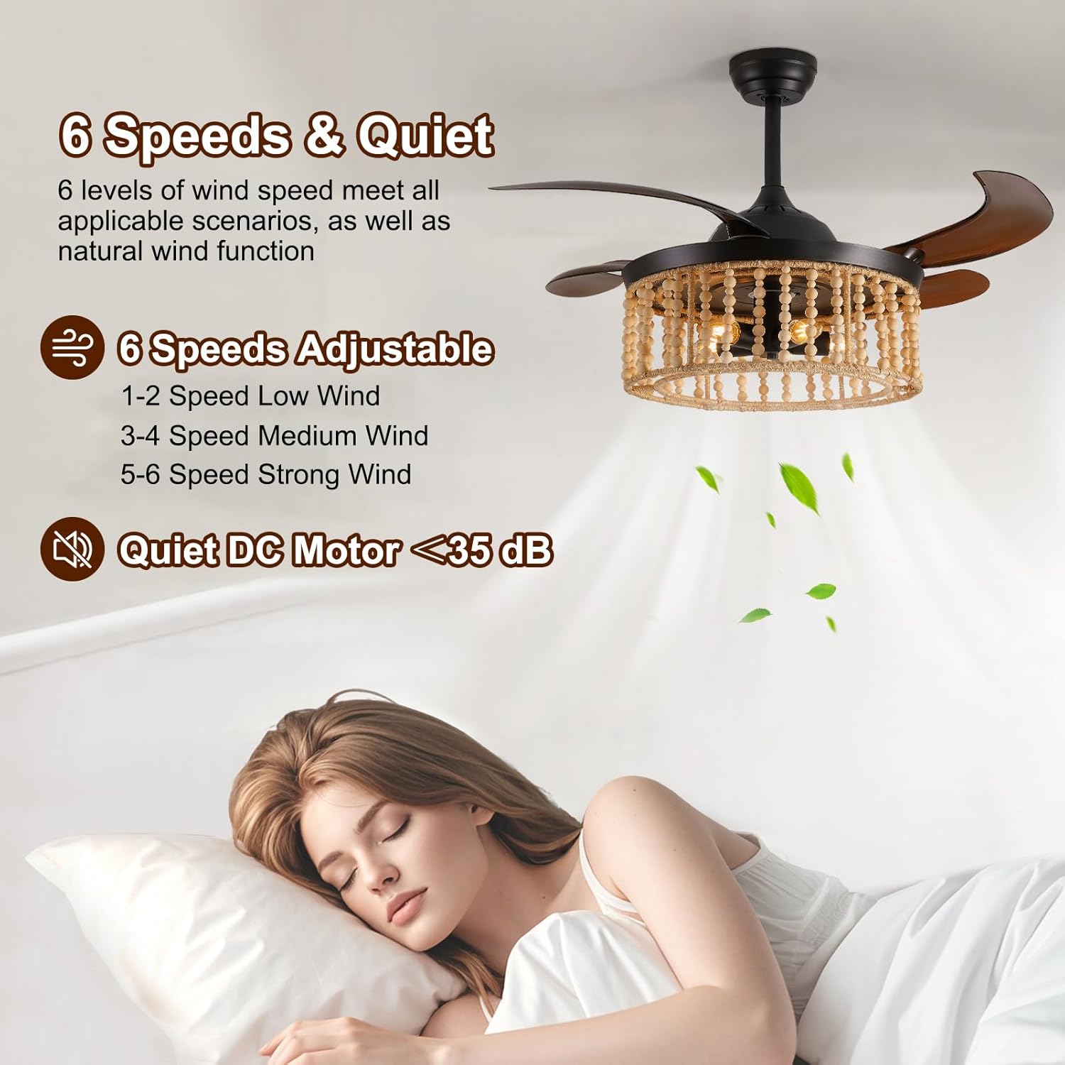 Boho Retractable Ceiling Fan with Lights 42 Inch Wood Beaded Chandelier with Fan Farmhouse Black Rattan Fandelier with Brown Retractable Blade for Bedroom Kids Room Girls Room Kitchen