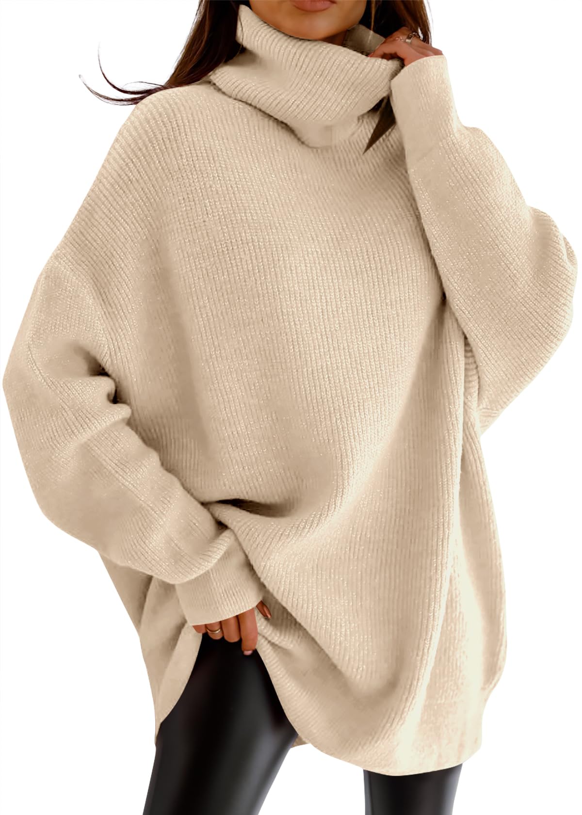 Maglione da Donna a Collo Alto, Oversize, a Maniche Pipistrello, Maglione Grosso, per Autunno Casual, Maglione Casual, Beige., M