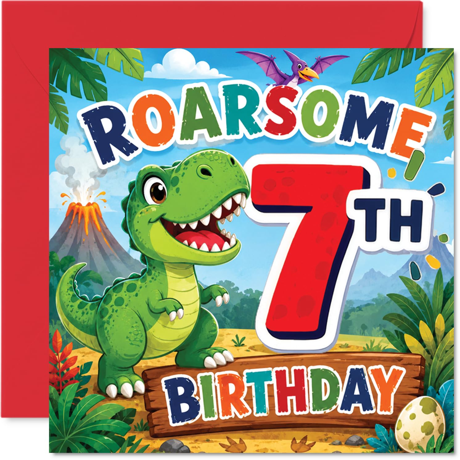 Playful 7th Birthday Card - Dino-mite Birthday Cheer - Colourful Cartoon Dinosaur with Erupting Volcano and Bold Red 7-145mm Square, Envelope Included