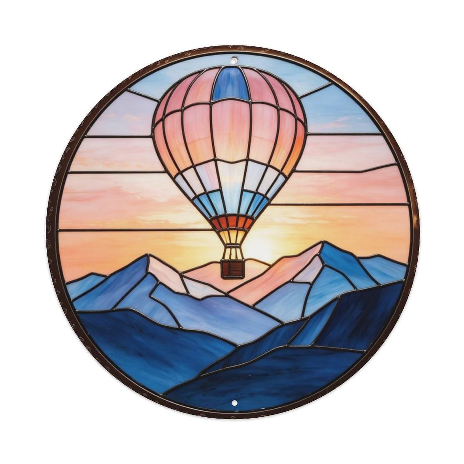 Hot Air Balloon Over Mountains Sunrise Stained Glass Metal Tin Sign Plaque