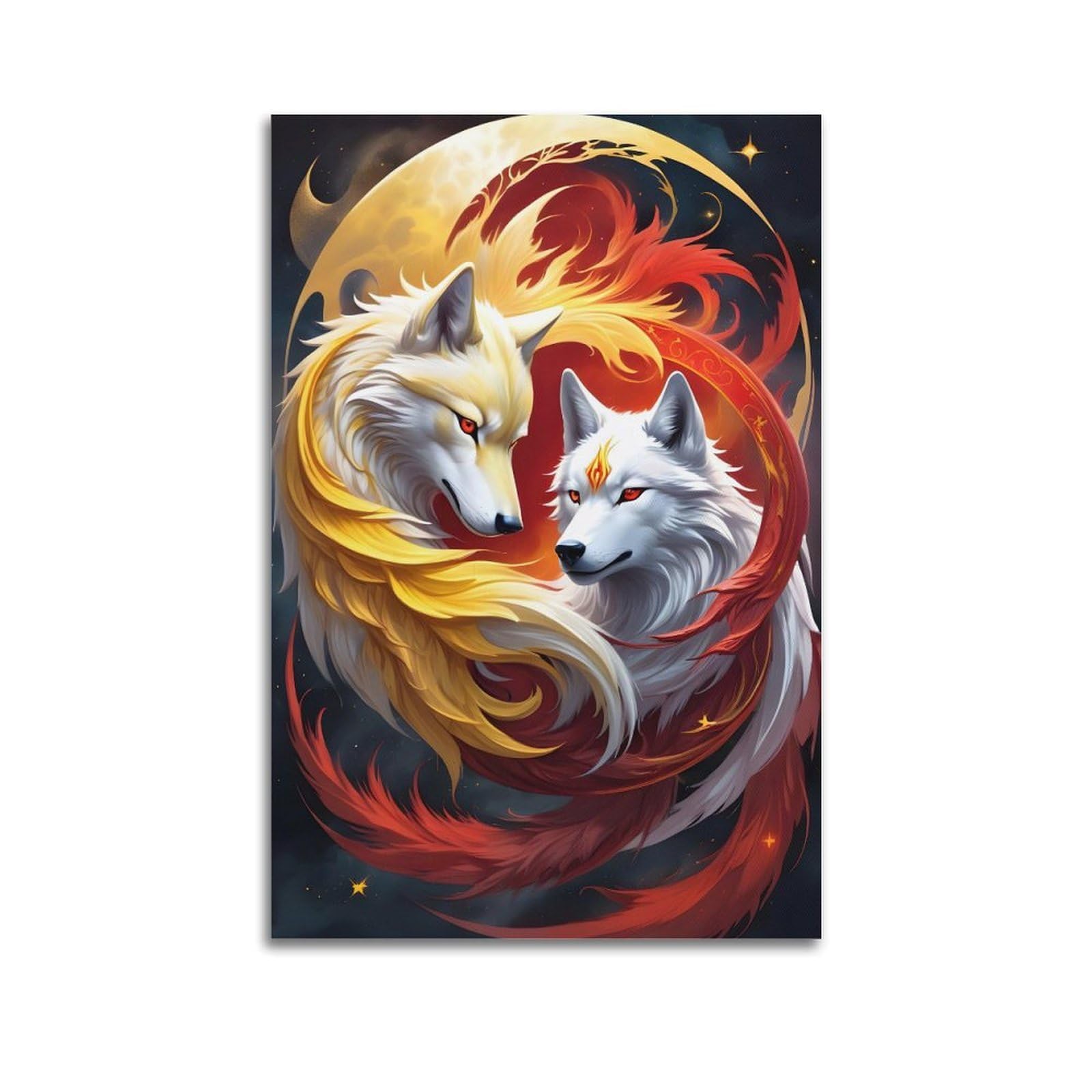 DLJGDS Mythical Twin Wolves with Fiery Auras Under Moonlit Sky Decorative Painting Canvas Wall Posters And Modern Family Bedroom Decor 24x36inch(60x90cm)