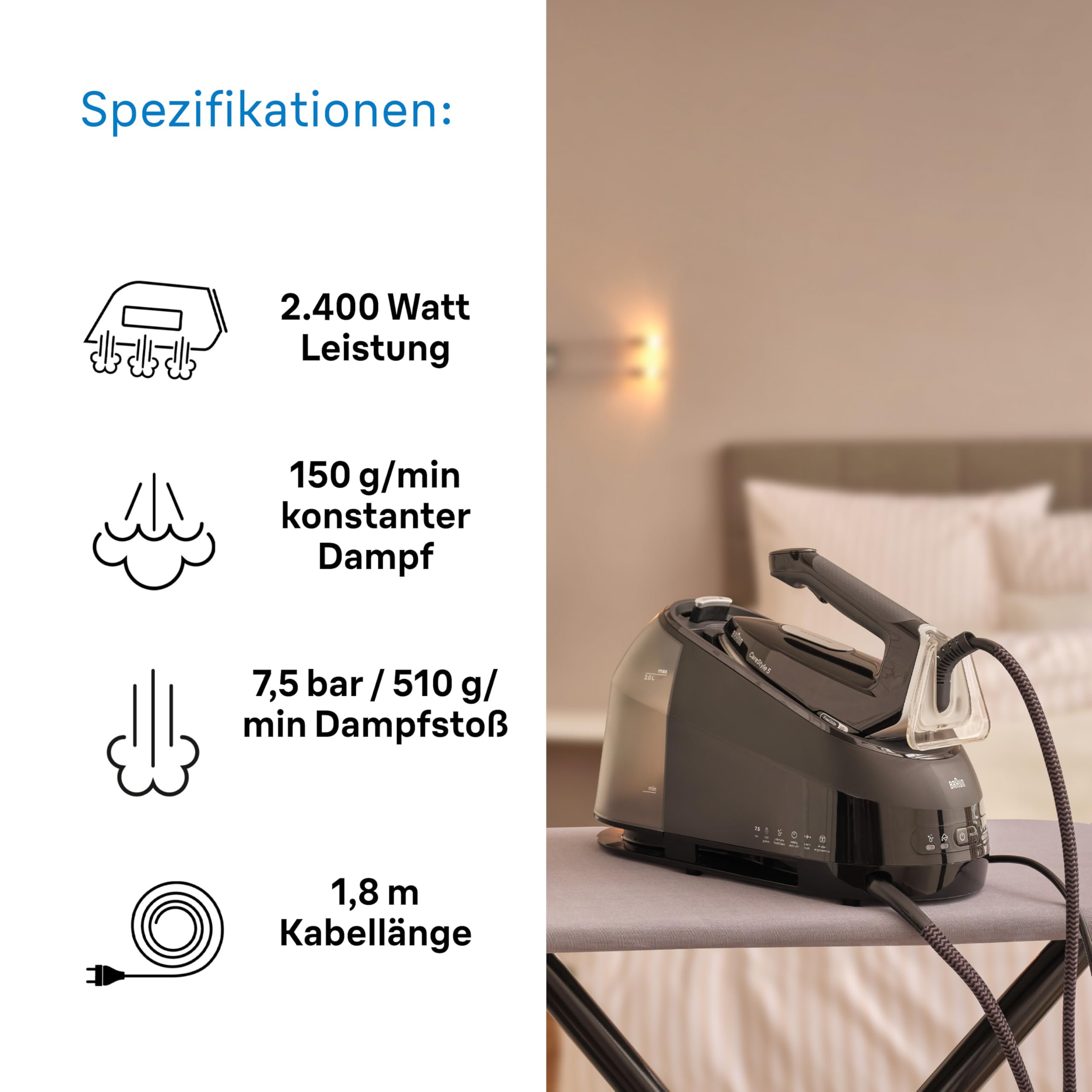 Braun Dampfbügeleisen CareStyle 5 IS5249BK mit FreeGlide 3D, 150 g/min Dampfleistung, schnelle Aufheizung, iCareMode, vertikales Bügeln, Anti-Tropf-Funktion, abnehmbarer Wassertank 2L, 2400W, Schwarz