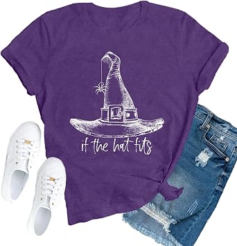 Halloween Shirt for Women Fall Season Shirts If The Hat Fits Tshirt Witchs Hat Tee Tops