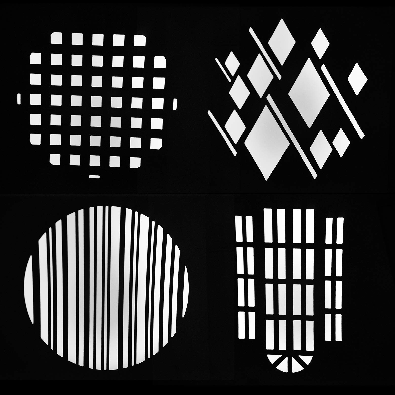 Docooler GOBO Lot de 8 cartes graphiques Gobos Plaques métalliques avec motifs creux pour snoot optique Conique Conique Condensateur Art Effets spéciaux Faisceau lumineux moulé Accessoires d'éclairage
