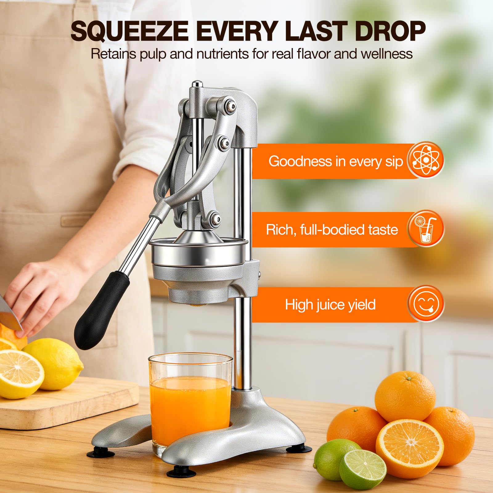 Saftpresse Manuell Profi, Zitruspresse mit Hebel für Orangen Zitronen Grapefruit, Gastro Qualität Aluminium Edelstahl, kraftsparende Fruchtpresse ohne Strom inklusive 500ml Messbecher
