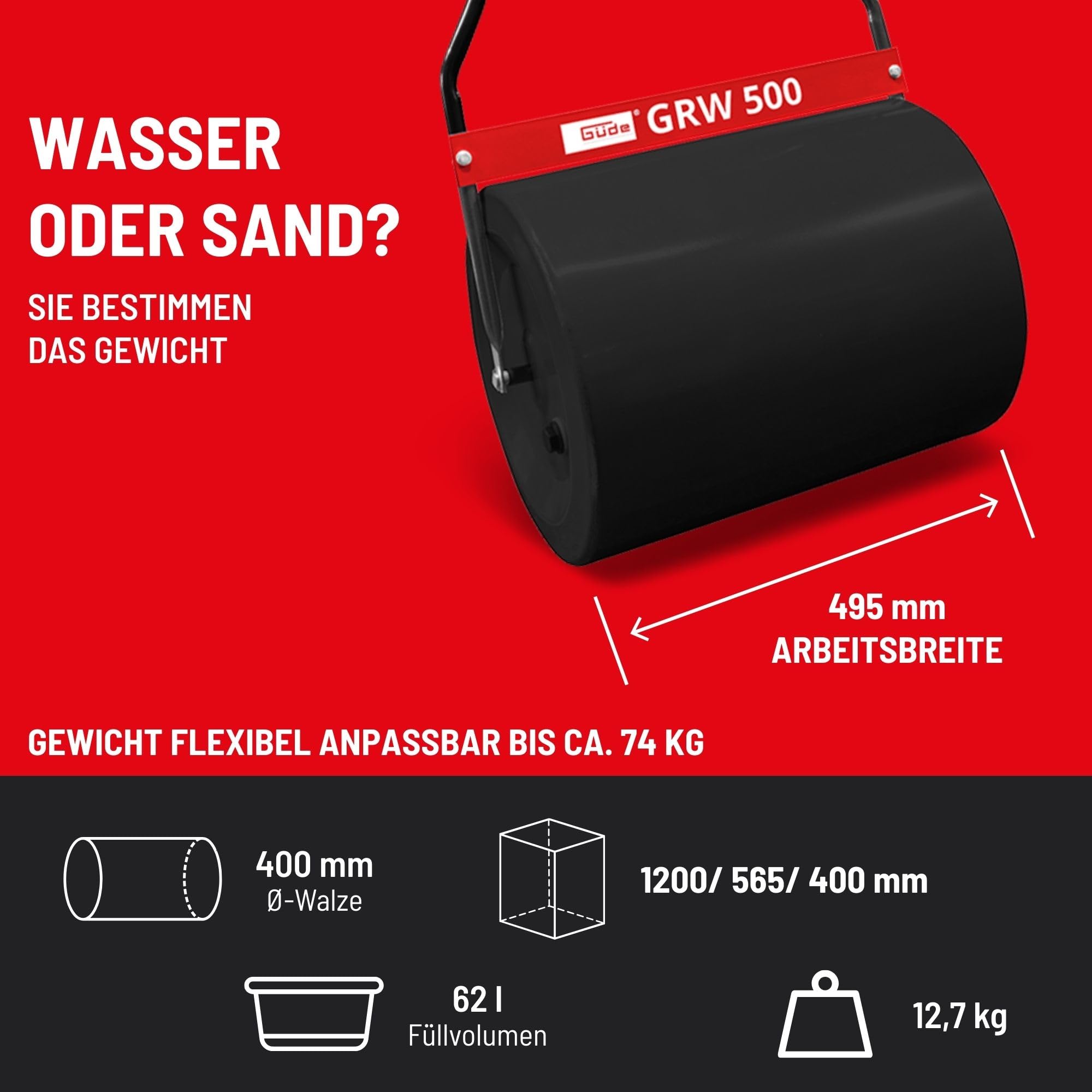 Güde GRW 500-62 Rasenwalze - 49,5 Zentimeter Arbeitsbreite, 40 Zentimeter Walzendurchmesser, 62 Liter Füllvolumen, robuster Metall-Korpus, Abstreifschiene, Softgriff, mit Wasser oder Sand befüllbar