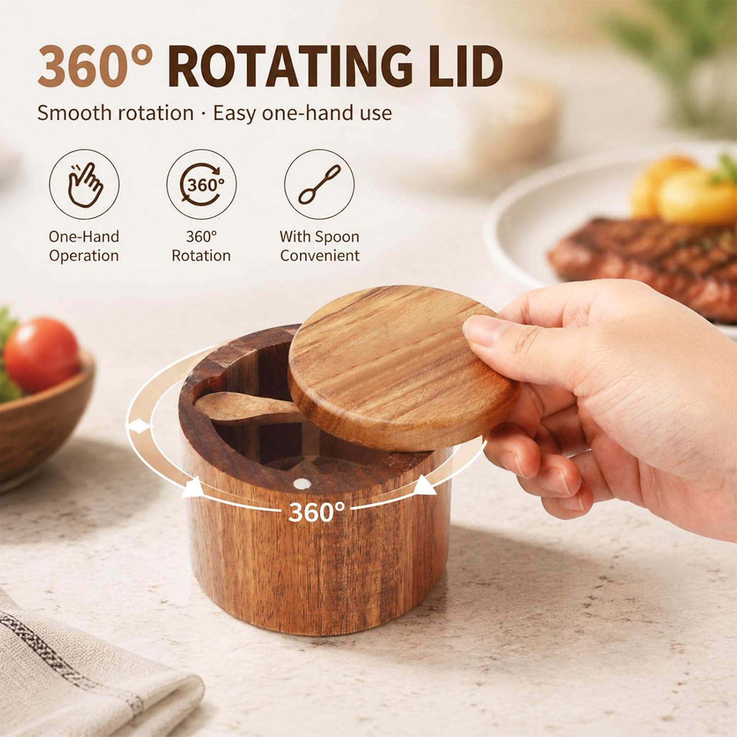 Salt Cellar, Acacia Wood Salt Container with Built‑in Spoon & Swivel Lid