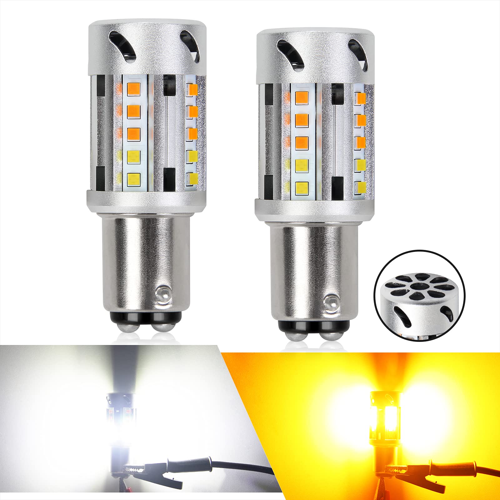 OPP ULITE 1157 Switchback Led Bulbs With Cooling Fan, Canbus Error Free Built In Resistor,25-Led, Amber Turn Signal Light, White Side Light, 12-24V, 360 Luminous, 2PC Pack Bulb (F4S 1157-25SMD)