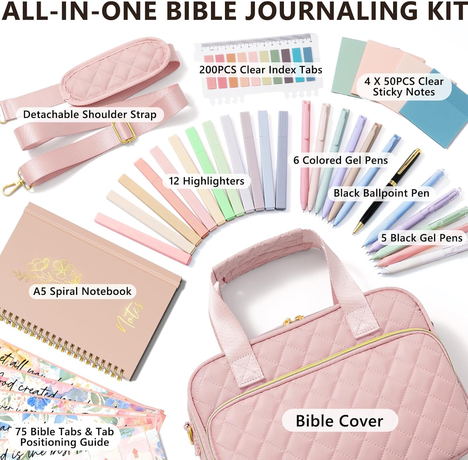 bible cover case for women, large bible bag bible study supplies accessories journaling kit with highlighters tabs, quilted book carrying cases with shoulder strap, valentines christian gift for women pink