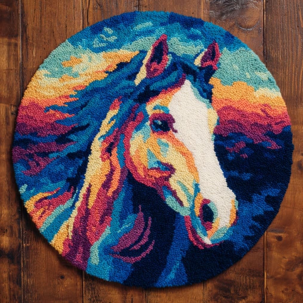 kitphoenix Round Shape Latch Hook Kits Rug Horse DIY Cushion Rug Carpet Making Crochet Hook Kits Preprinted Pattern Canvas Cushion Yarn Hooking Kits Mat Kits 50X50Cm