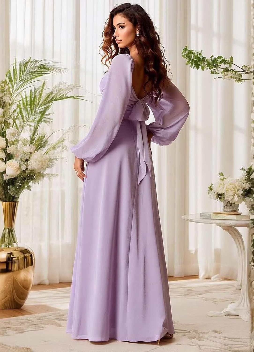 GRILSONTOP Chiffon Long Sleeve Bridesmaid Dresses V Neck Formal Evening Gown Bow Back Wedding Guest Dress with Pocket