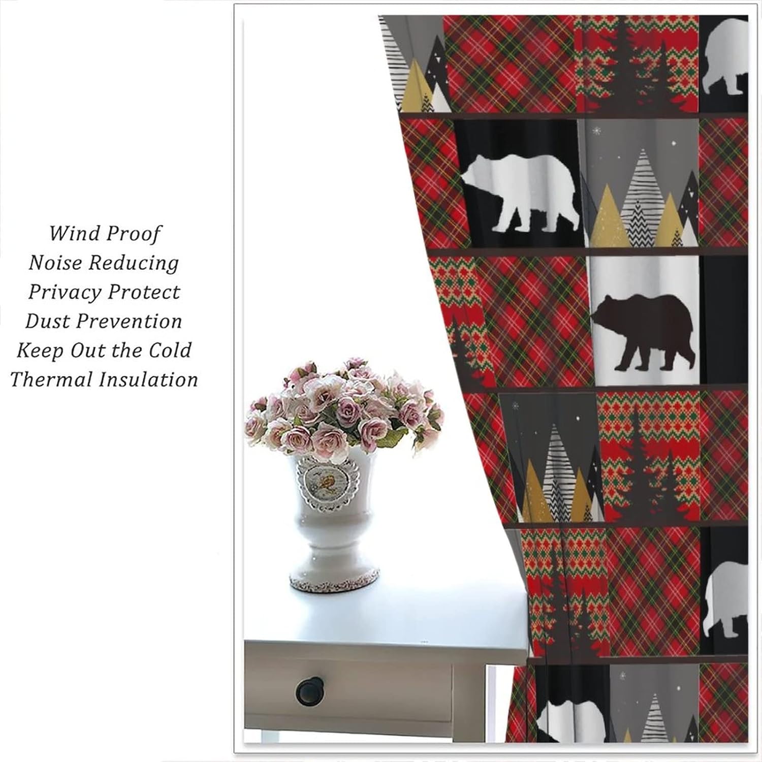 Black Bear Plaid Blackout Curtains for Bedroom,Rustic Red Black Check Farm Farmhouse Cabin Wildlife Bear Window Curtains Rod Pocket 2 Panels 63L x 31.5W