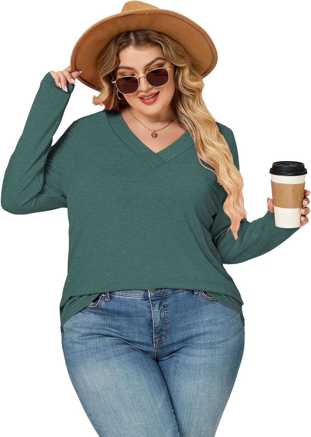 VISLILY Plus-Size-Tops for Women Trendy V Neck T Shirts Casual Long Sleeve Dressy Cute Blouses Loose Fit Tunics Tees XL-5XL - Image 5