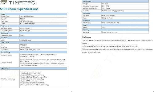 Miniatura 9 de Timetec 512GB SSD 3D NAND SATA III 6Gbs M.2 2280 NGFF 256TBW Velocidad de lectura de hasta 550MBs Caché SLC Aumento de rendimiento Unidad de estado