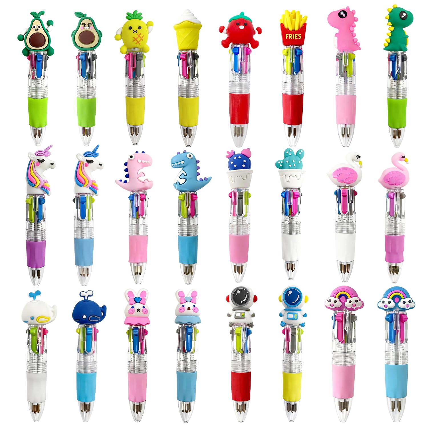 Yeefunjoy 24Pcs Mini Pens, Multicoloured Pens Retractable Fun Pens for Kids Party Bag Fillers, Cartoon Novelty Pens for Easter Basket Stuffers 4 In 1 for Kids School Supplies Classroom Student Prizes