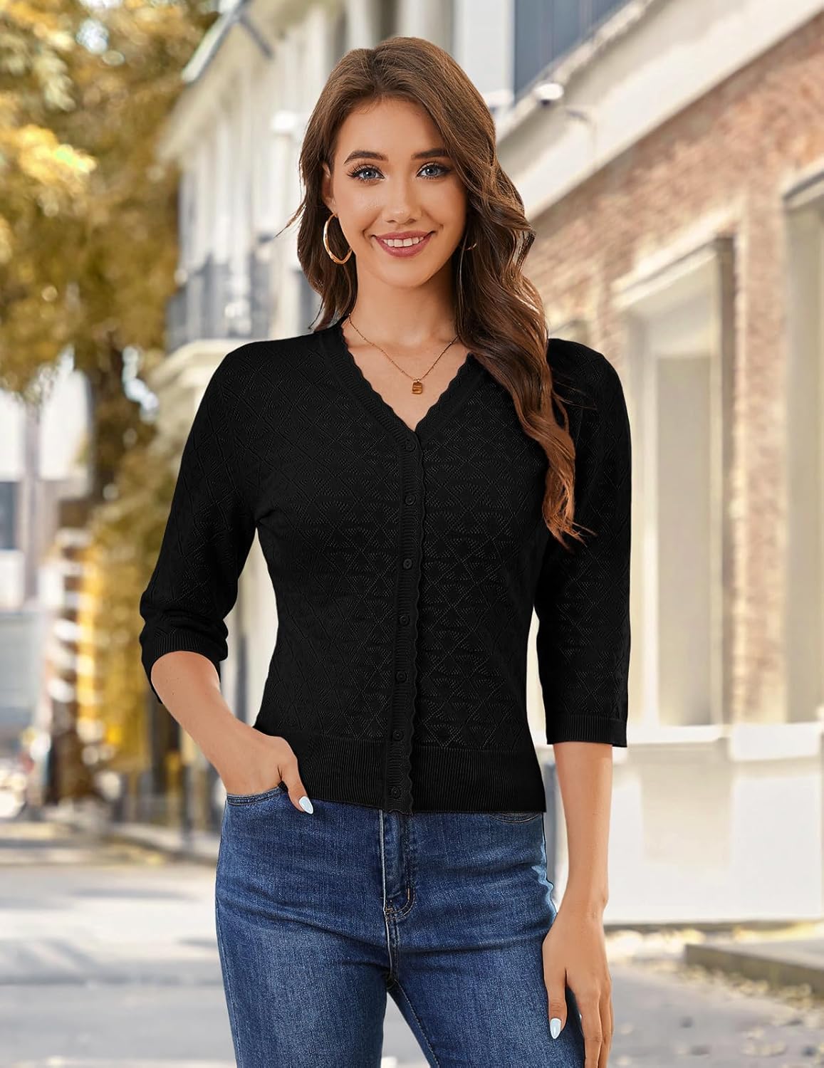 Bbonlinedress Women's 3/4 Short Sleeve Cardigans Lightweight Winter Cropped Sweater Button Up Knit Tops Shrug 2025 - Image 3