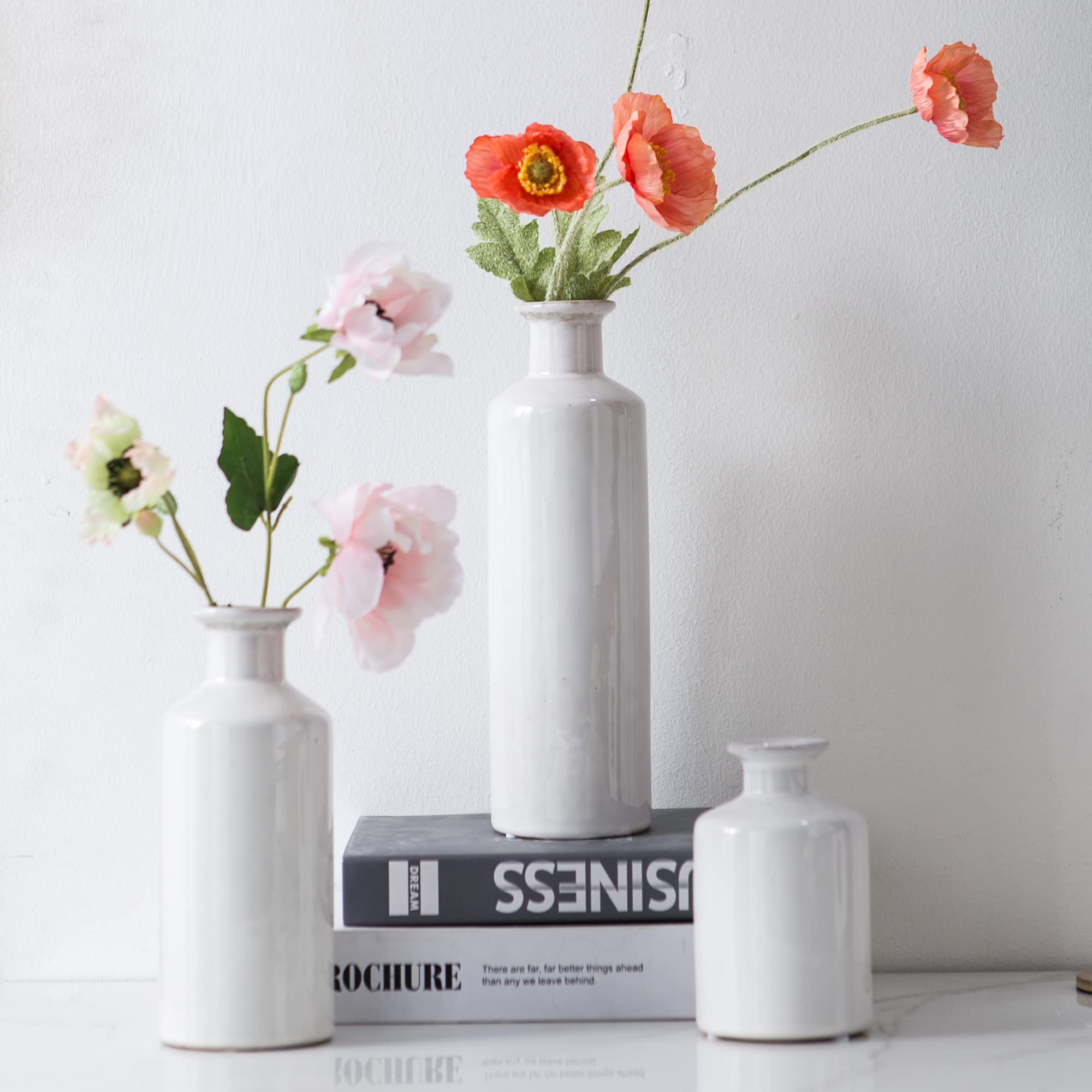Mowtanco Vasen für Tafelaufsätze, weiße Keramikvase, 3er-Set, moderne Bauernhaus-Heimdekoration, minimalistischer Stil für Esszimmer, Wohnzimmer, Schlafzimmer, Küche, Couchtisch, Bücherregal