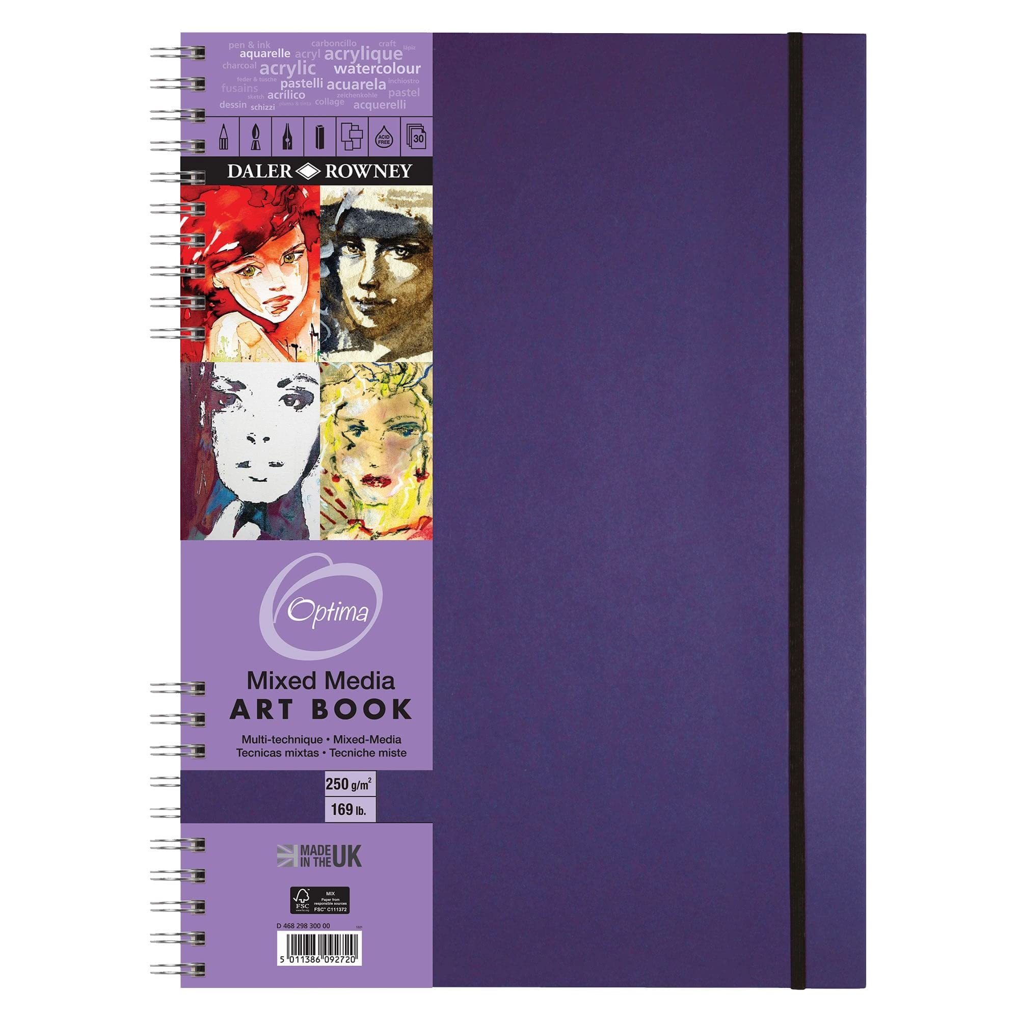 Daler-Rowney Optima Mixed Media Artbook, Lightly Textured, 250 gsm, 169lb, Spiral Bound, Hardback, Portrait, Elastic Closure, A3 29.7 x 42 cm, Amethyst Cover, 30 sheets