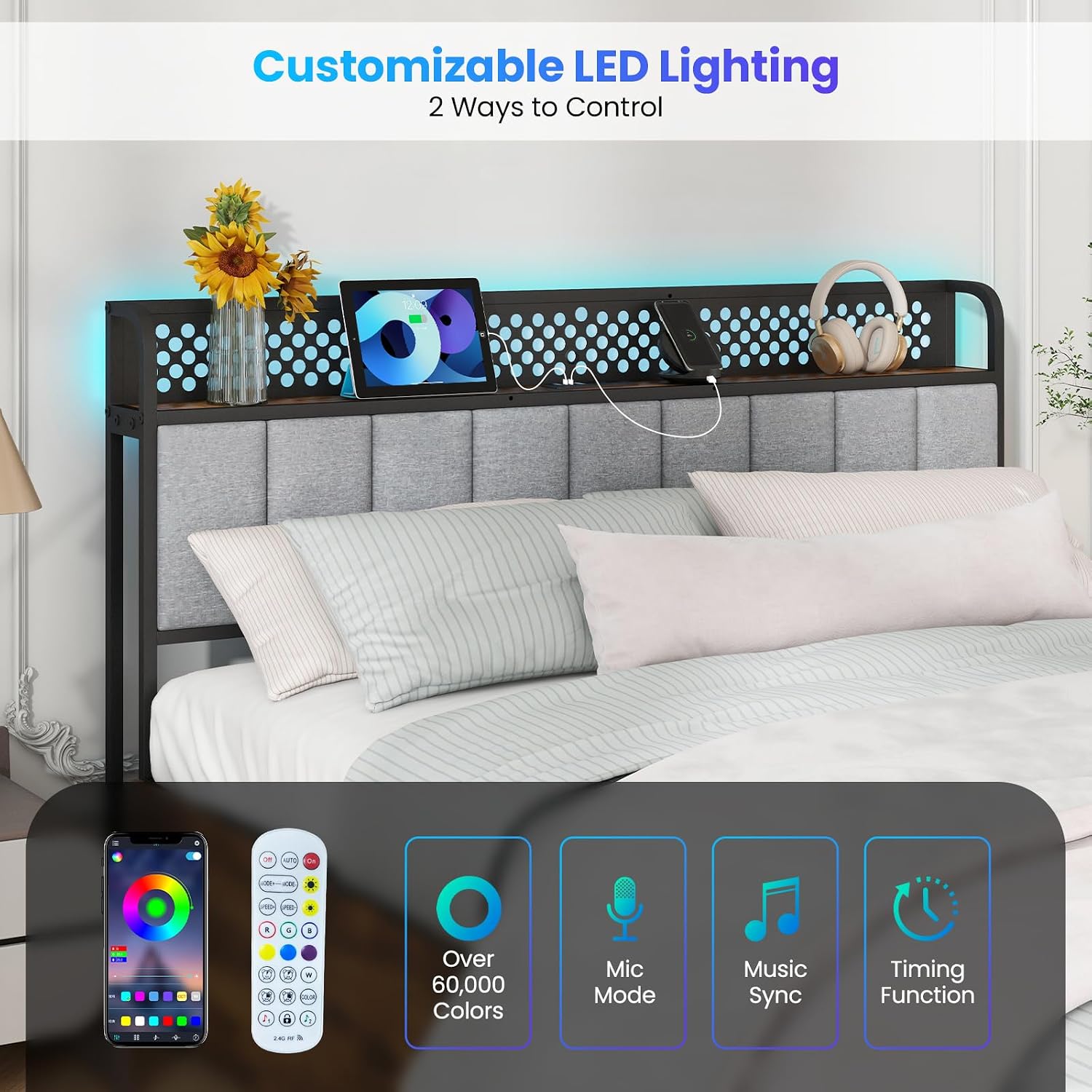 KOMFOTT Industrial LED Queen Bed Frame with 4 Storage Drawers & Charging Station, Metal Platform Bed Frame with Upholstered Headboard & Remote Control, Mattress Foundation, No Box Spring Needed