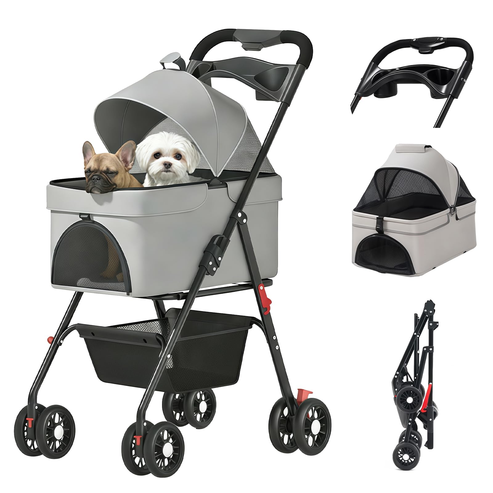 ペットカート 分離型 犬 カート バギー 【フレーム＆キャリーバッグ】 小型犬 中型犬 猫用 ペット用ベビーカー 前輪360°回転 後轮ブレーキ付 軽量 折り畳み コンパクト 飛び出し防止 自立式 介護 散歩 外出 配達 カップホルダー フック付属 おしゃれ 収納便利 - 1