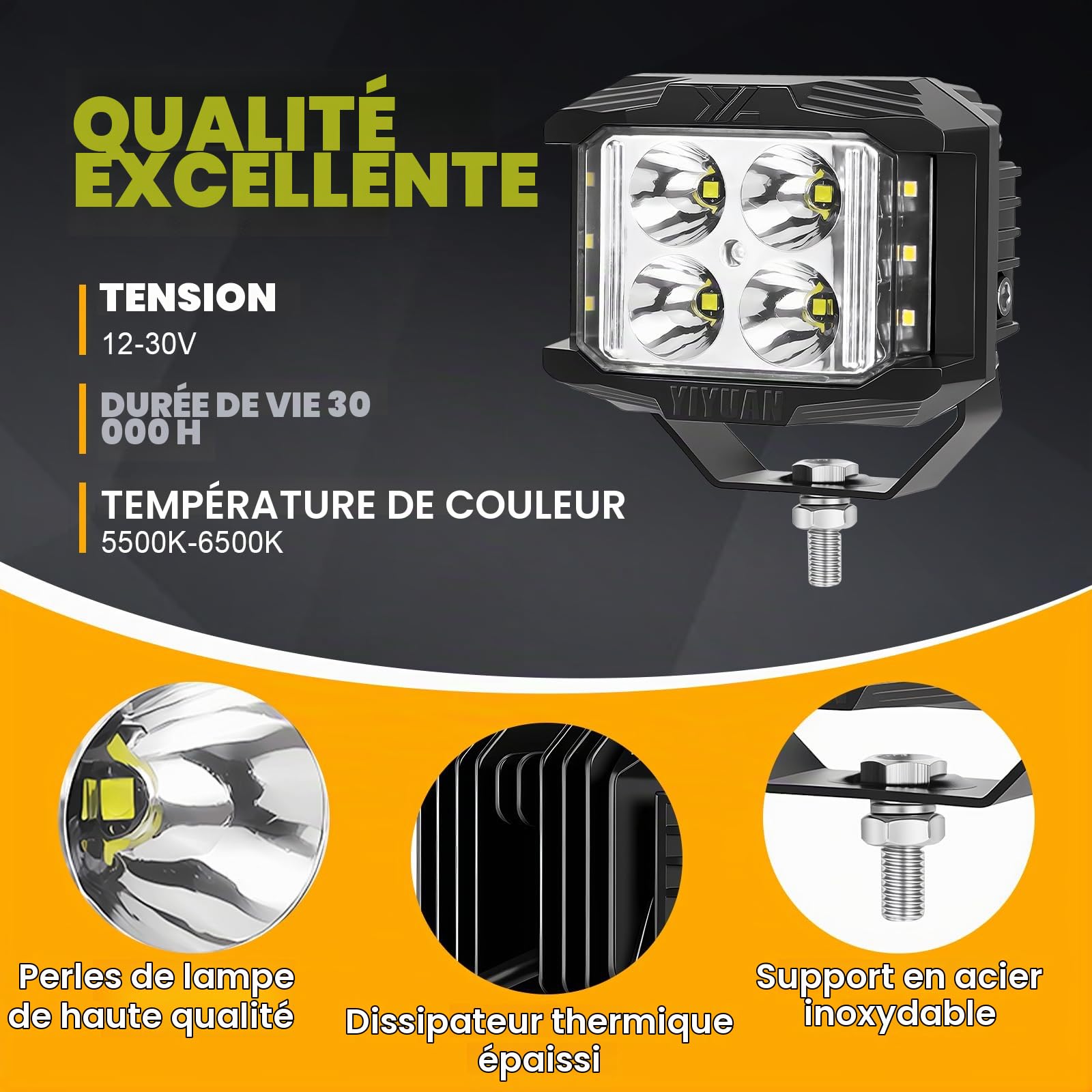PICAA Phare de Travail LED, 4PCS 4 Pouces 35W Blanc Projecteur LED | Lumière de Travail,IP67 étanche,Tireur latéral,Spot/Flood Combo,Hors Route pour Jeep Camion ATV SUV Voiture Bateau,12V 24V