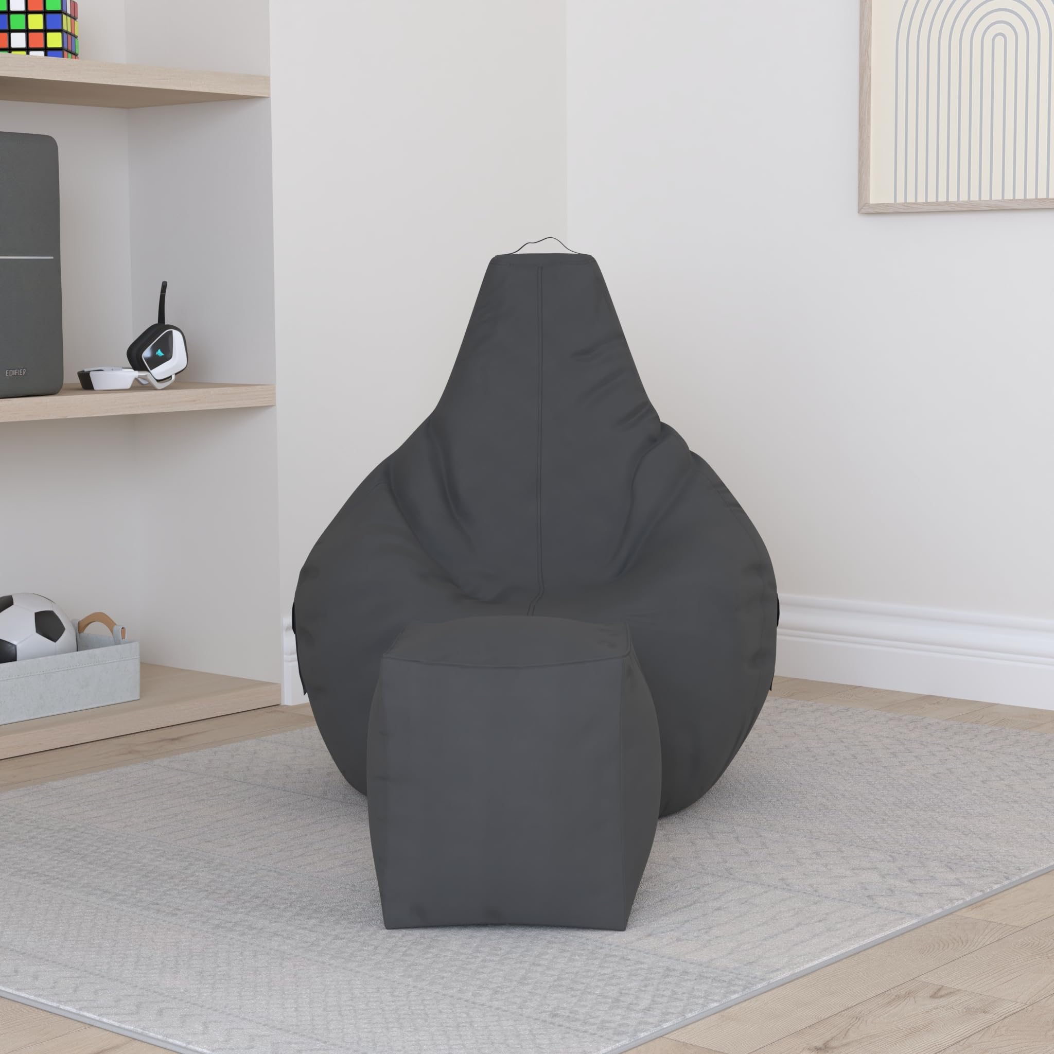 Green Bean Pouf Sacco Cozy + Sgabello Quadrato - Già Riempito - Poltrona Relax In Microfibra Lavabile E Antimacchia Per Adulti E Bambini - Grigio