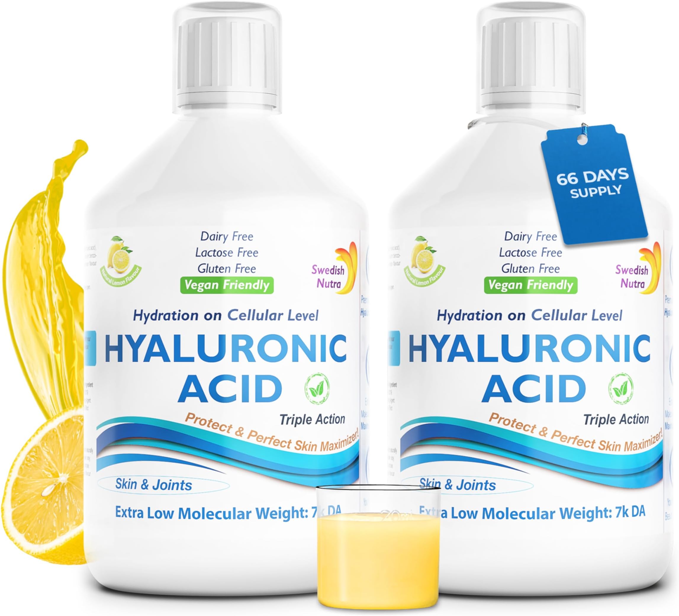 Swedish Nutra - Hyaluronic Acid, 2 Packs of 500ml, 66-Day Supply I Supplement for Hair, Skin and Nails | 100% Natural Flavour | Dairy & Gluten-Free