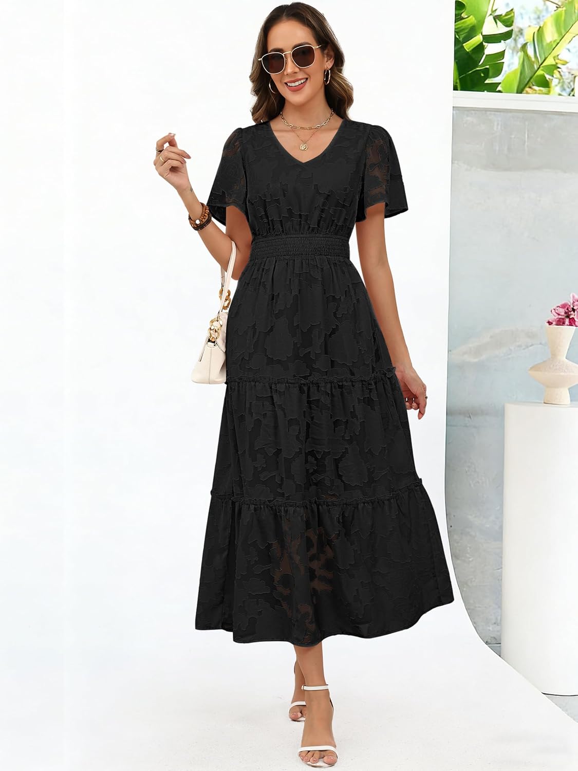 Caracilia Womens 2026 Spring Wedding Guest Maxi Dress Summer Boho Floral Short Sleeve V Neck Beach Vacation Tea Party Dresses - Image 8