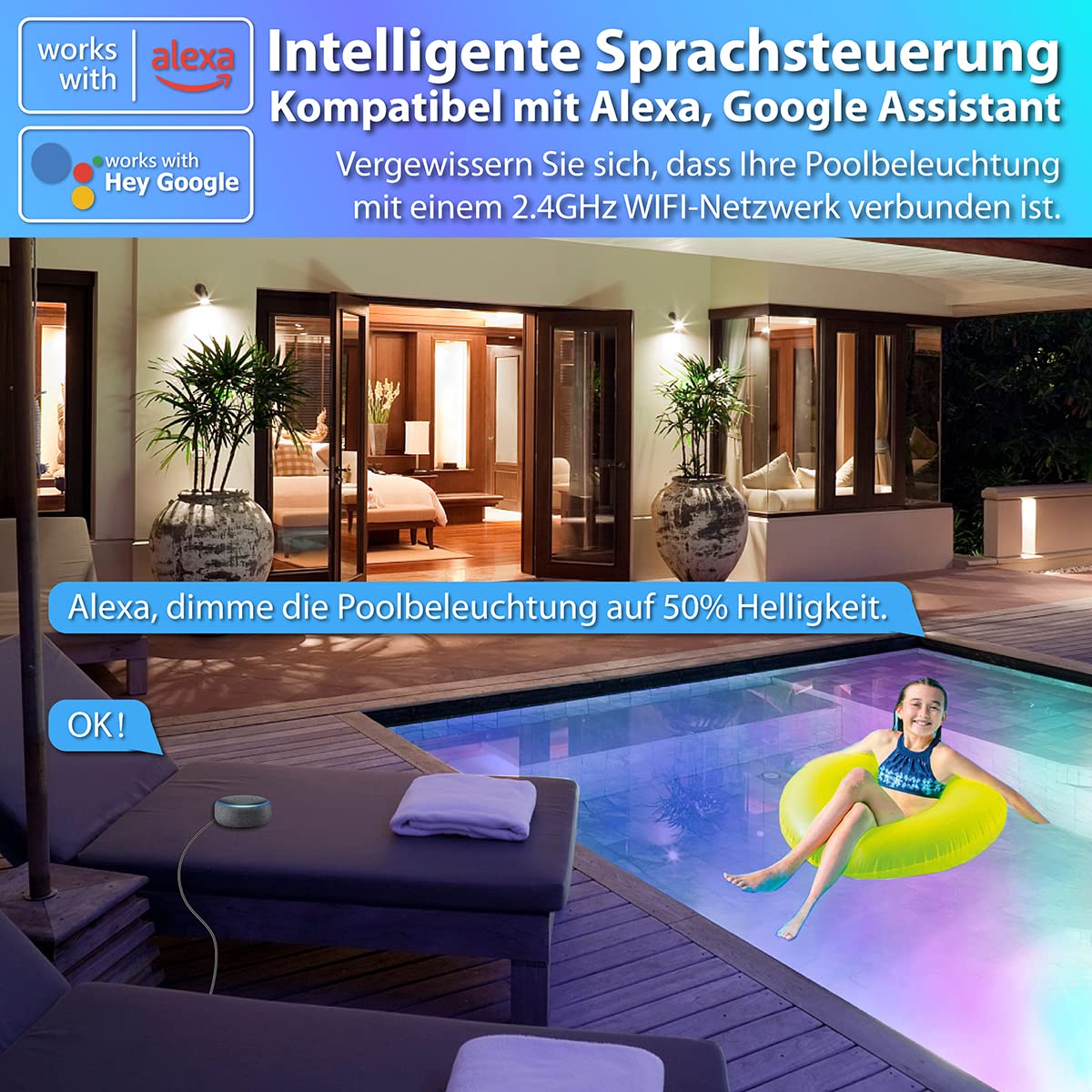 2er LED Poolbeleuchtung Unterwasser für Aufstellpool 20W RGB IP68 | Einhänge Poolscheinwerfer mit APP Funktioniert mit Alexa & Google Assistant Magnetisch Poollicht Stahlrahmen & Stahlwandpool