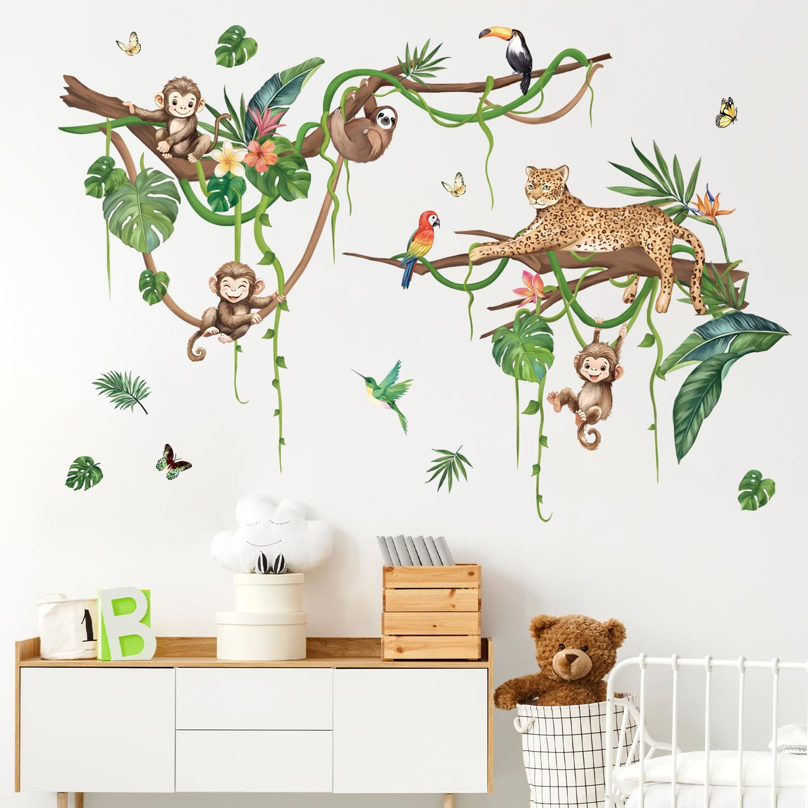 FUFUQUARE Jungle Animals Wall Stickers Cute Sloth Leopard Monkey Climbing Tree Branch Wall Decals PVC Peel and Stick for Kids Nursery Bedroom Living Room - Image 2