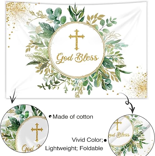 Miniatura 5 de Mocsicka Telón de fondo de bautismo de 7 x 5 pies para niños y niñas, hojas de eucalipto verdes, pancarta de bautizo, primera comunión, Mi Bautizo,