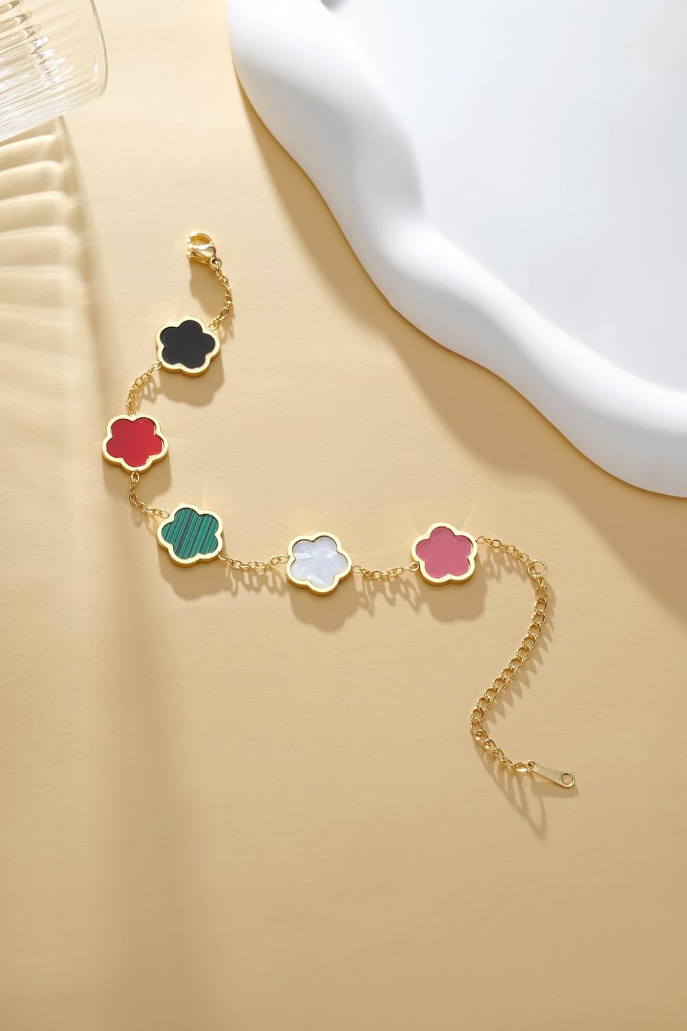 14K Gold-plated Clover Lucky Bracelet Women's Black/White/Pink/Colorful Flower Five Leaf Chain Bracelet Fashion Jewelry Gift -Hypoallergenic Charm for Birthdays, Holiday & Daily Wear - Image 2