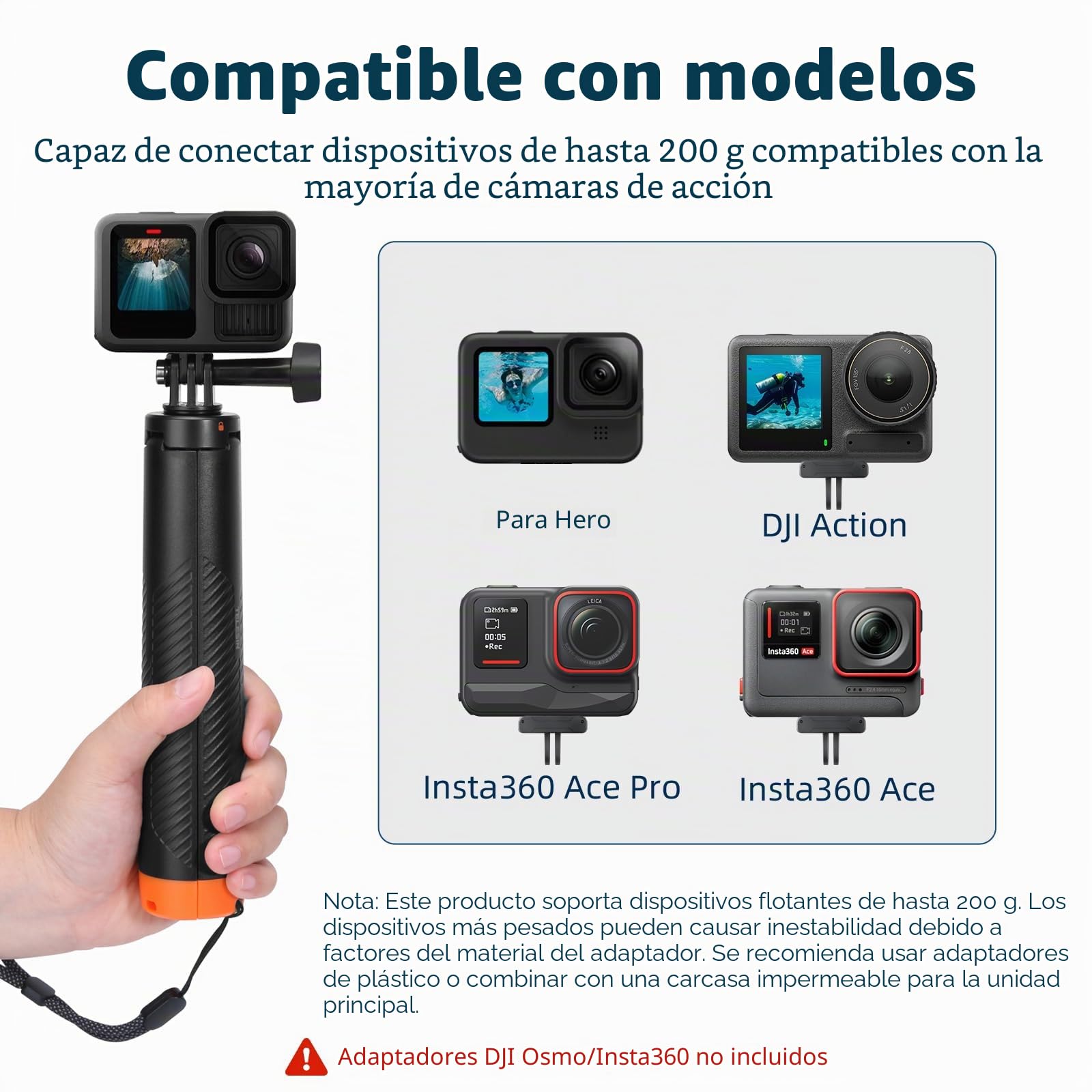 Trípode Flotante para Selfie, Impermeable, Extensible, monopié para Selfie para Hero 13/12/11/10/9/8, dji Osmo Action 6/5pro/4/3/Osmo 360,Insta 360 Ace y la mayoría de cámaras de acción, esnórquel