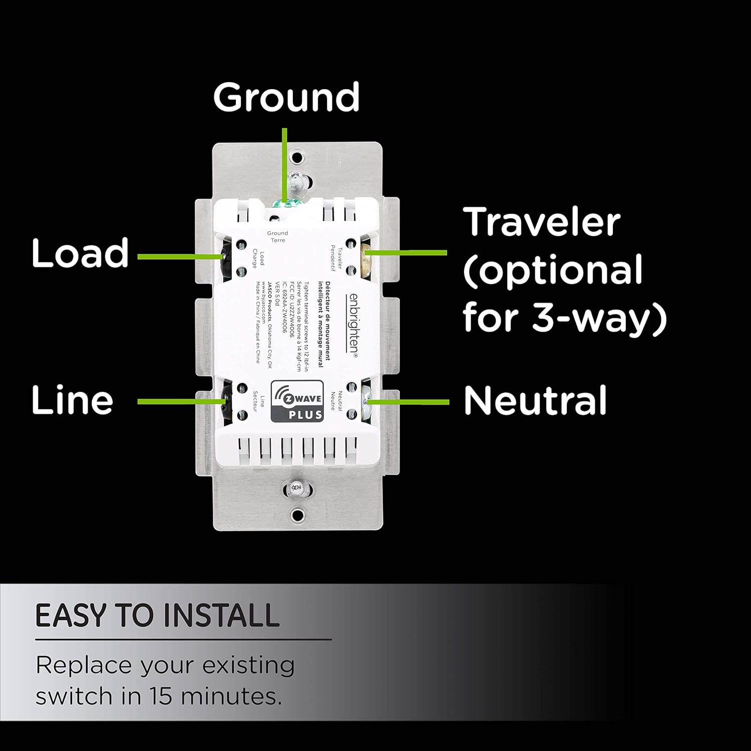Wiring diagram for Enbrighten Z-Wave Smart Motion Dimmer showing Ground, Load, Line, Traveler, and Neutral connections.