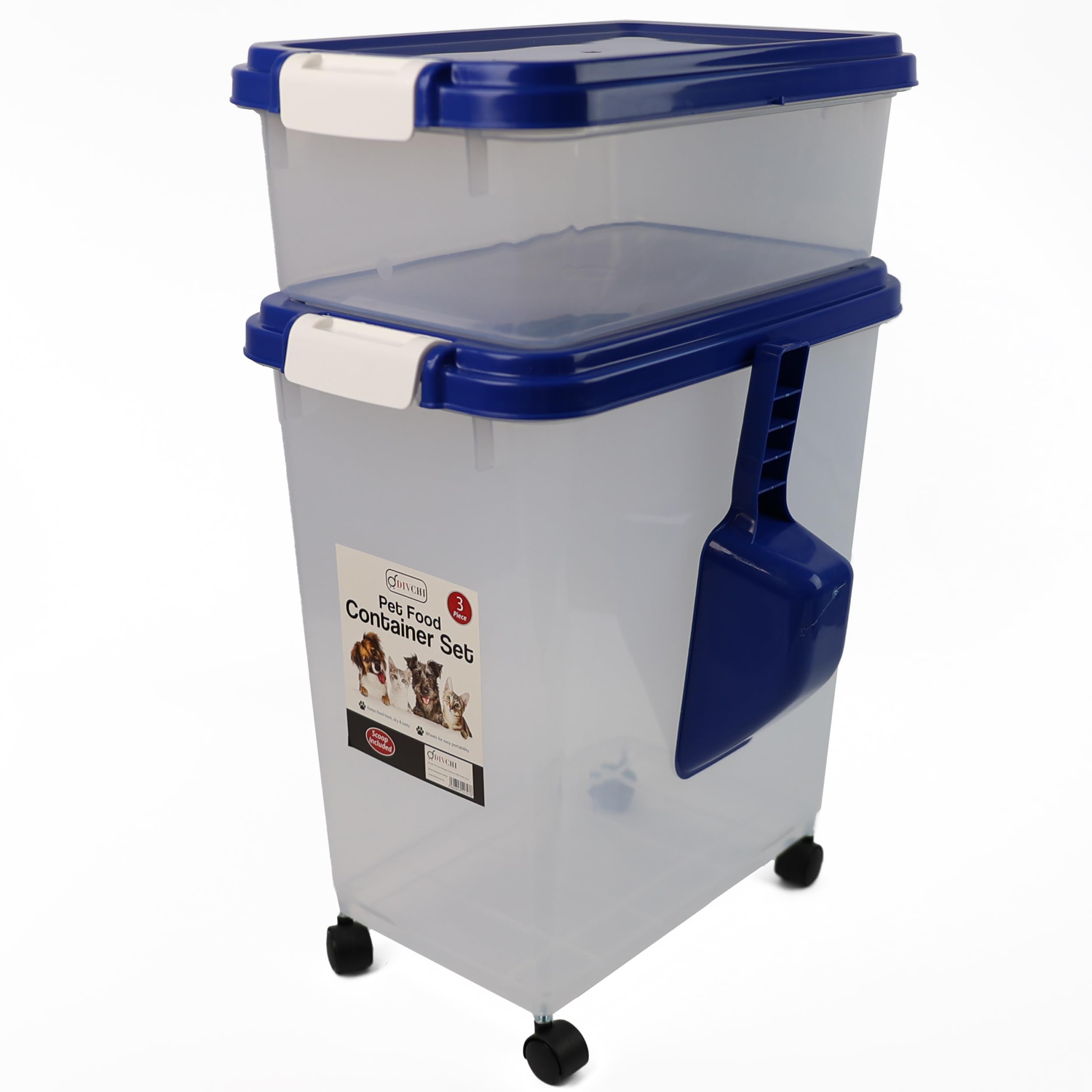 DIVCHI 3-Piece Airtight Pet Food Storage Container With Plastic Measuring Scoop Treats For Pet Dog Cat Animal Dry Food Dispenser With Casters Wheels (BLUE)