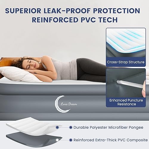 Miniatura 5 de LunaDream Eclipse Series Colchón de aire individual con bomba integrada recargable por USB, cama inflable inalámbrica, diseño duradero a prueba de