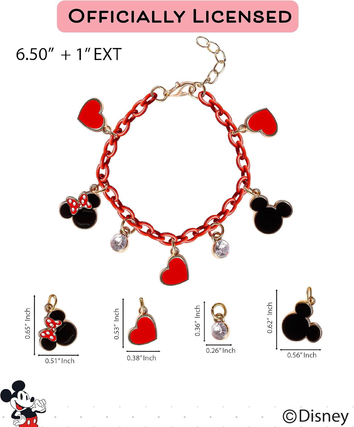 SALLY ROSE Mickey and Minnie Mouse Charm Bracelet with Red Chain Official License, 6.5"+1", Valentines Day Gifts for Her - Image 4