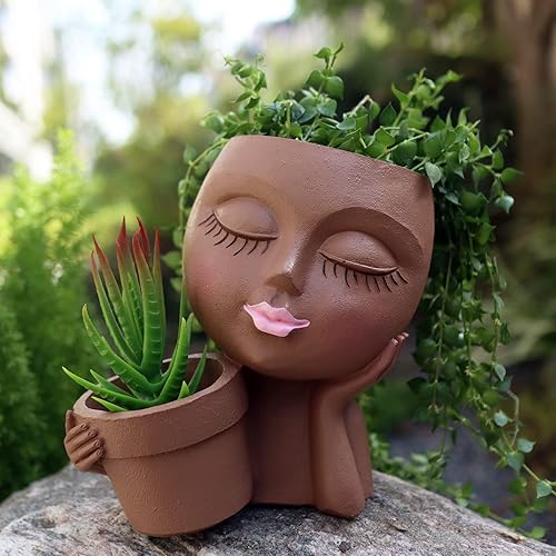 Dolkgy Face Flower Pot Head Planter, Black Woman Unique Planters for Indoor Outdoor Plants, Novelty Plant Pots Lady Vase with Drainage Hole Home Garden Succulents Cactus - C1-black
