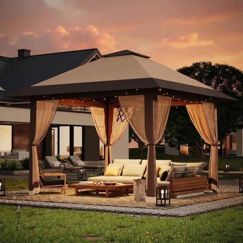 Garvee 4x4m Pop Up Gazebo with Sides Mosquito Net,Double Roof Party Tent with 3-Level Adjustable Height,Waterproof Outdoor Garden Shelter with UPF 50+ Canopy for Camping, BBQ,Weddings